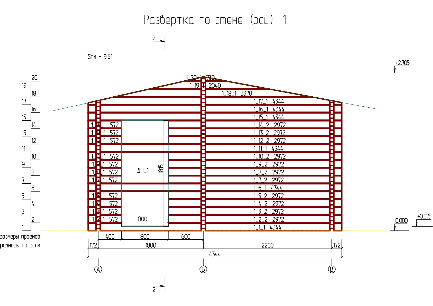Баня «Анастасия» 4×3 — Развёртка стен 1