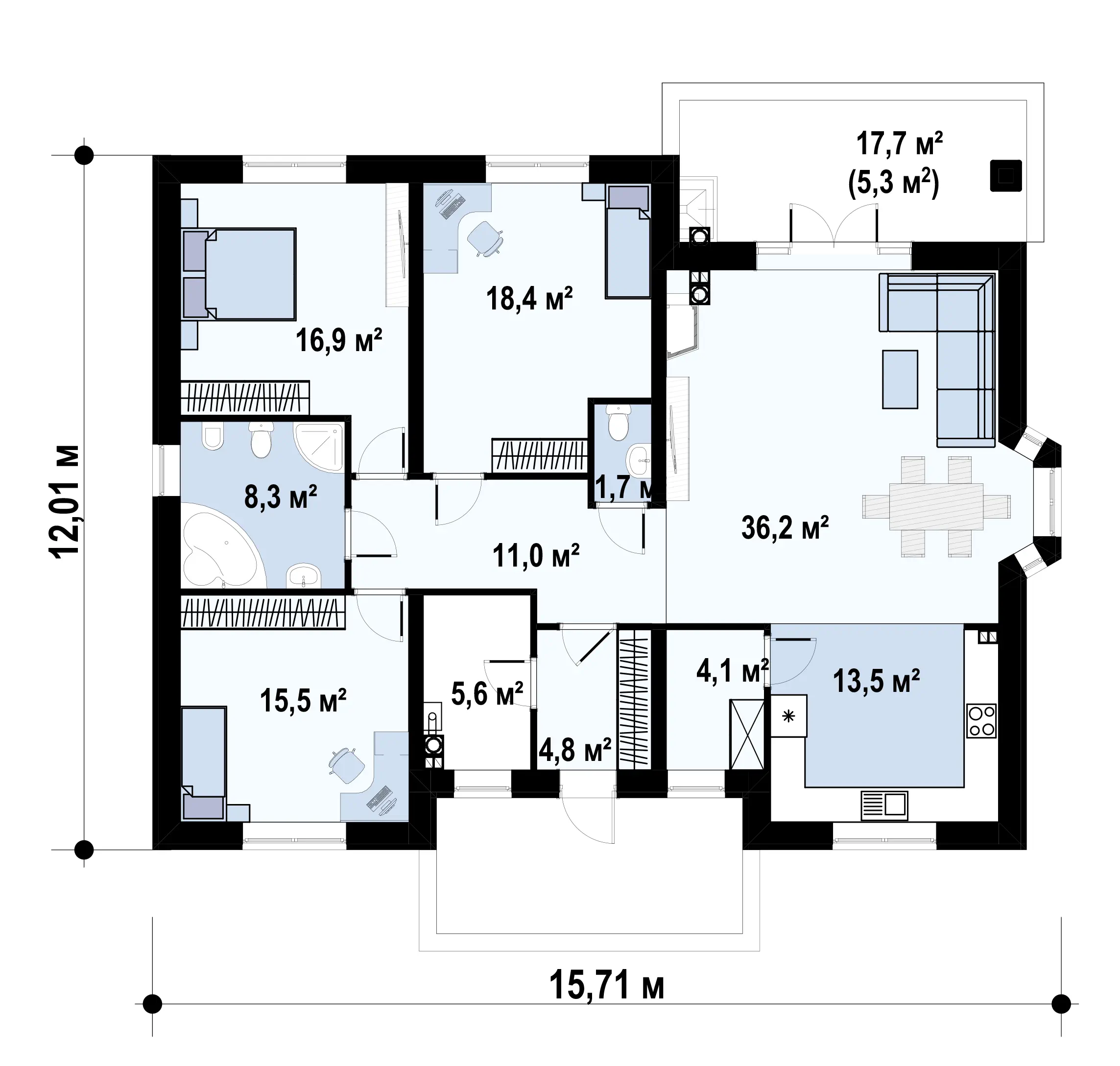 Одноэтажный дом c 3 спальнями и 2 санузлами 140 м² — Планировка