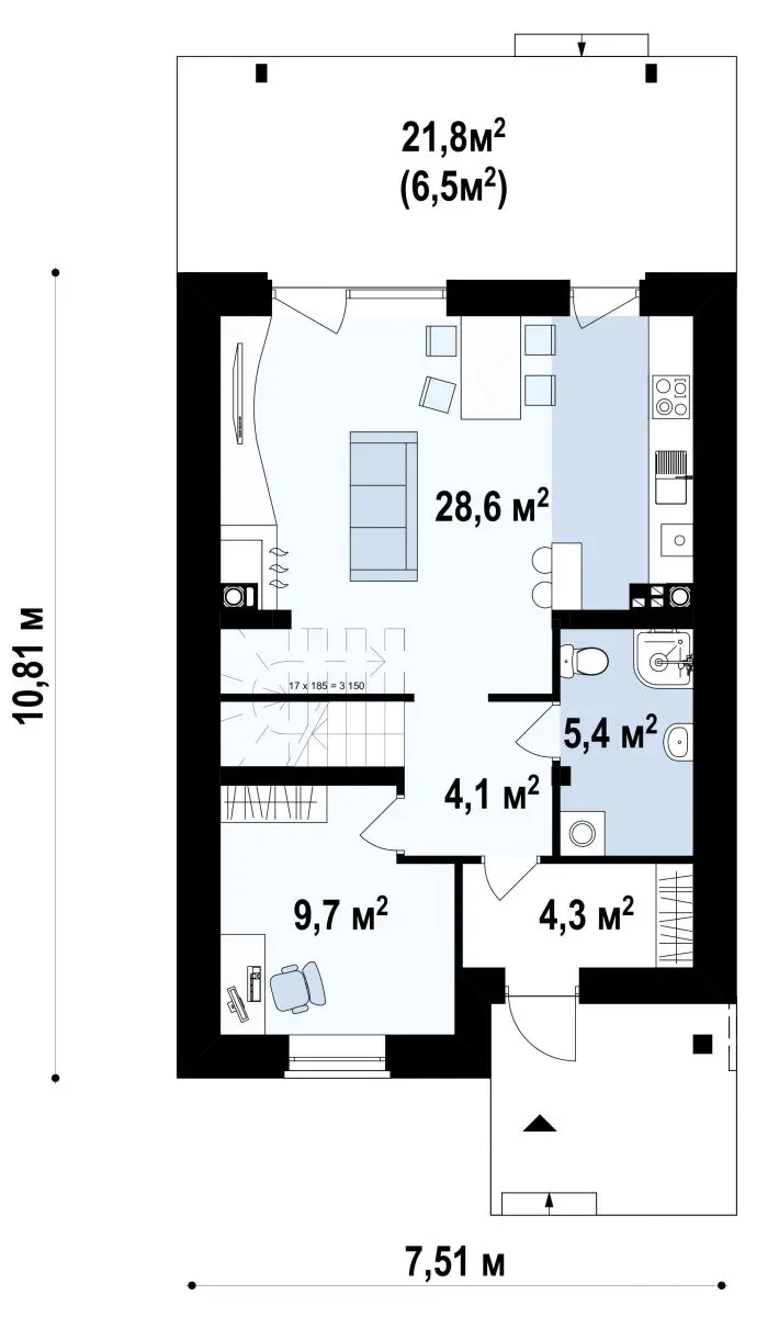 Мансардный дом для узкого участка 115 м² — 1 этаж