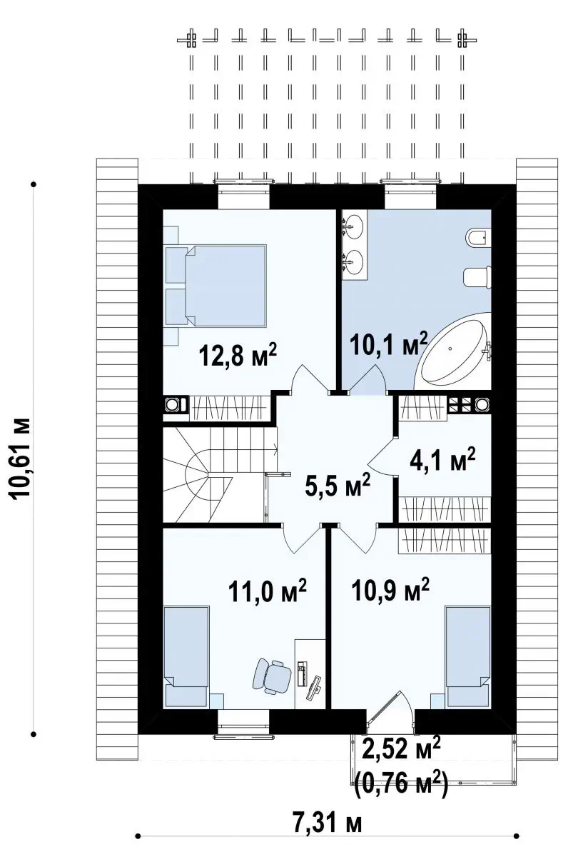 Мансардный дом для узкого участка 115 м² — Мансарда / 2 этаж