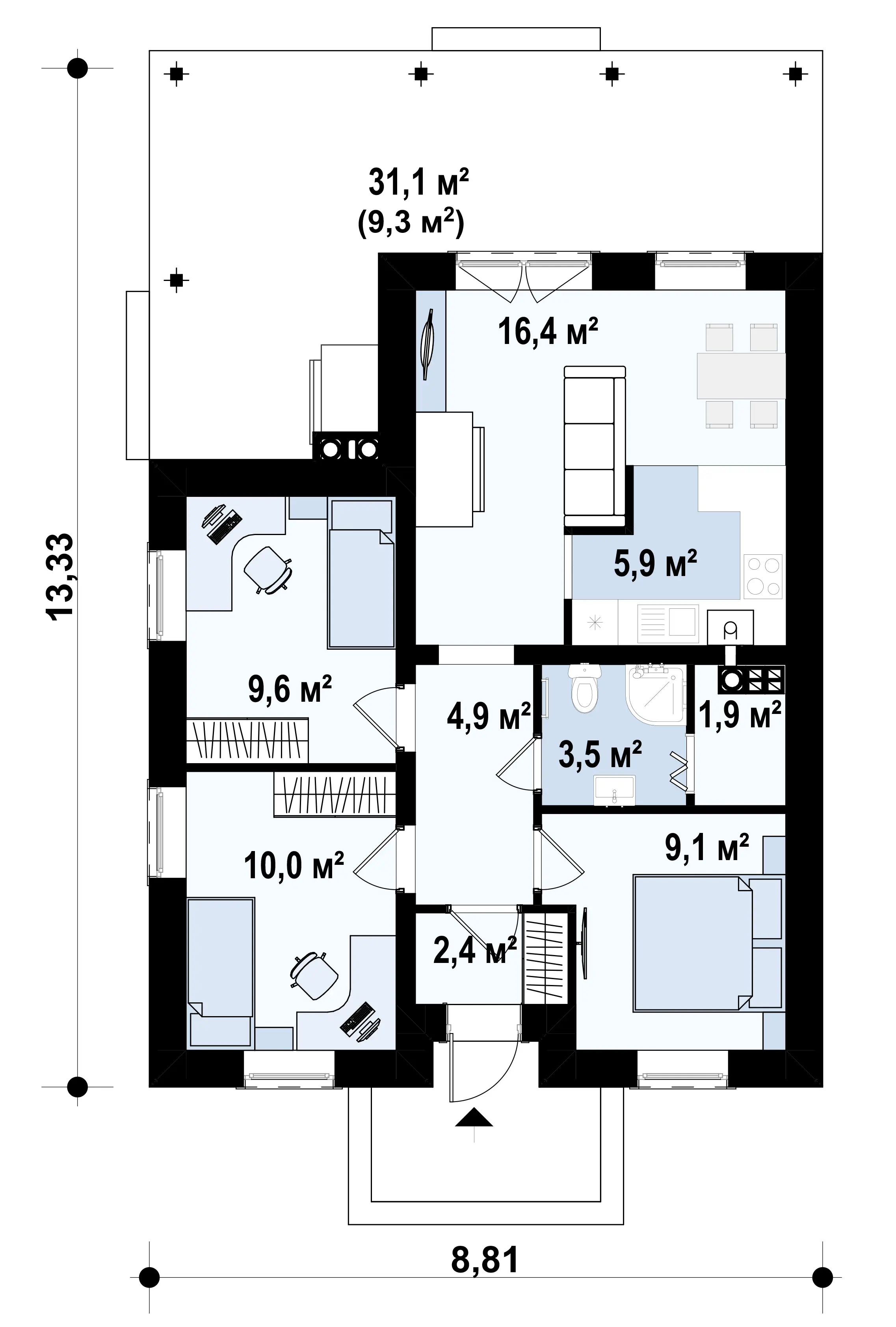Одноэтажный дом для узкого участка 73 м² — Планировка